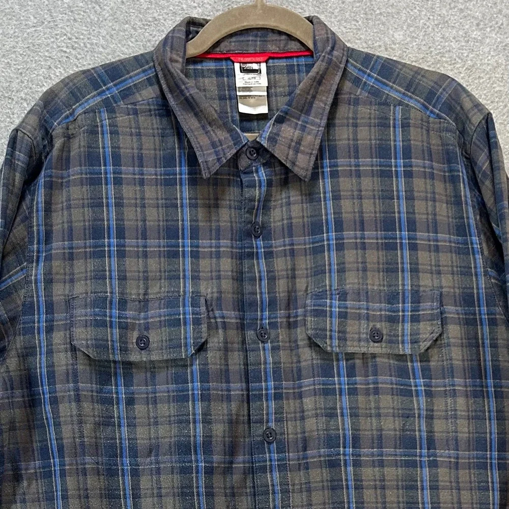 The North Face Button Down Flannel Shirt Mens XL Grey Blue Casual Outdoor